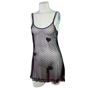 Black‎ sheer micro mesh hearts frilly chemise lingerie